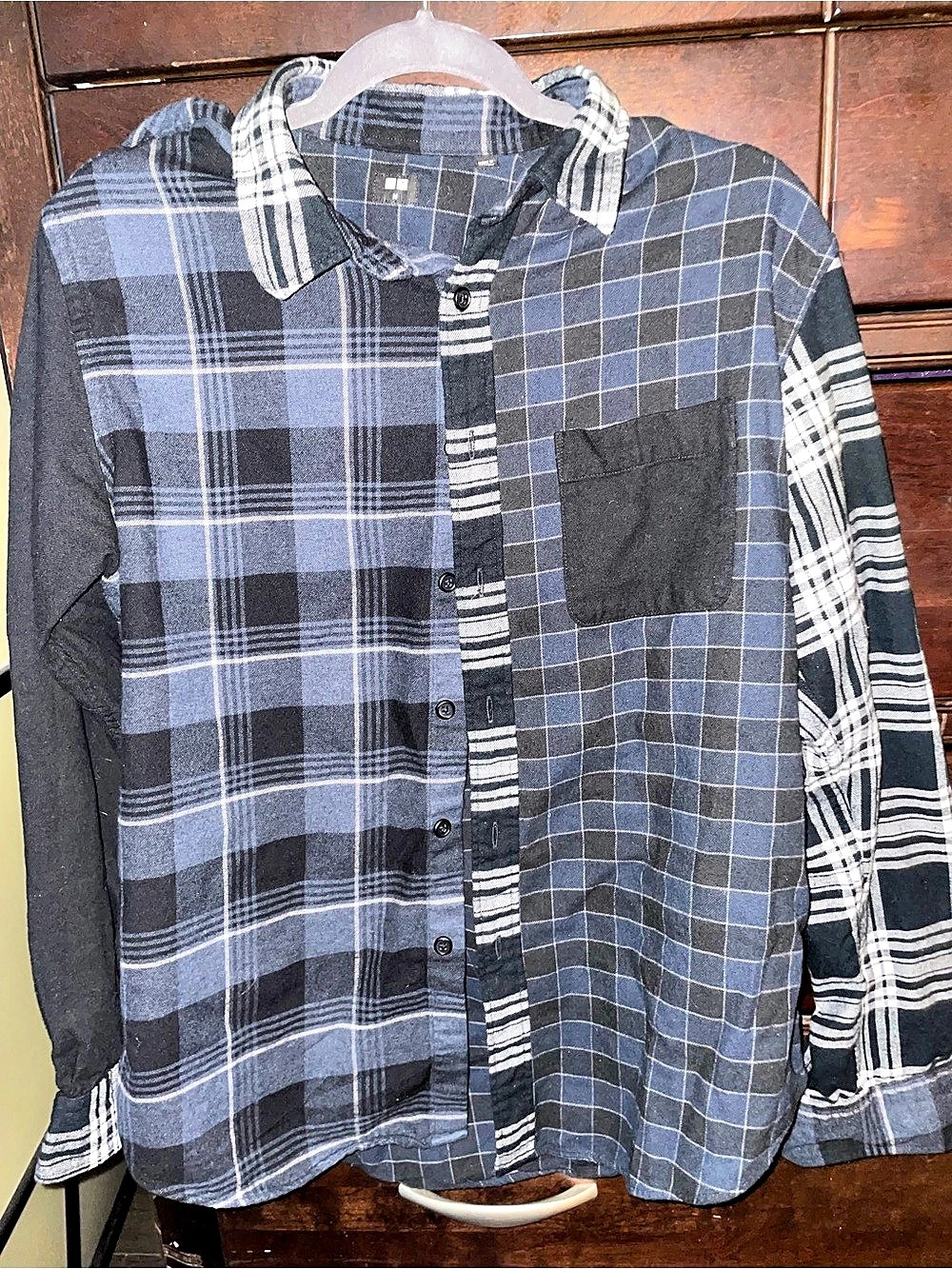 BRAND NEW UNIQLO Flannel Patchwork Long Sleeve Shirt Blue & Black Medium